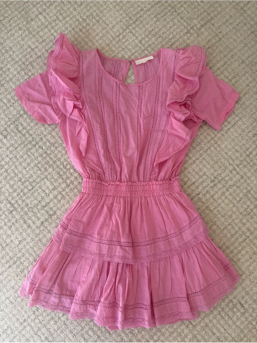 Love Shack Fancy 
Pink Ruffle Tiered Mini Dress